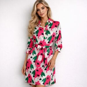 Shirt Dress Belted 3/4 Sleeves Knee Length Abstract Print Pink Green Size M